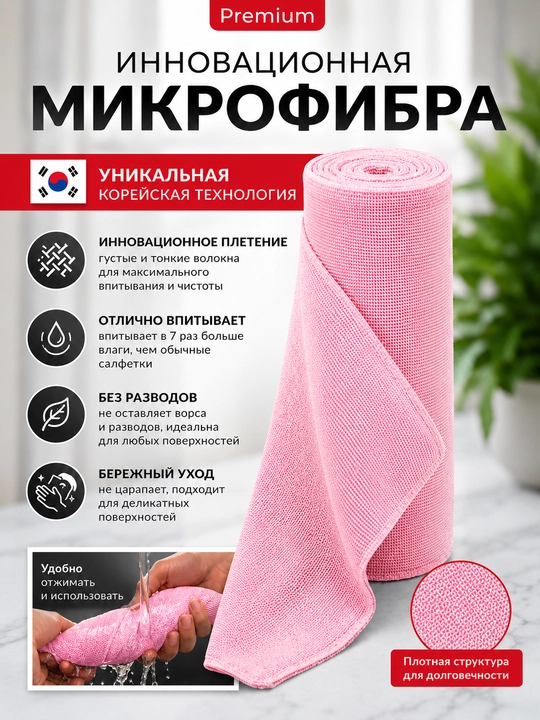 Салфетки из микрофибры в рулоне 20 штук, тряпки для уборки безворсовые, Корейская технология