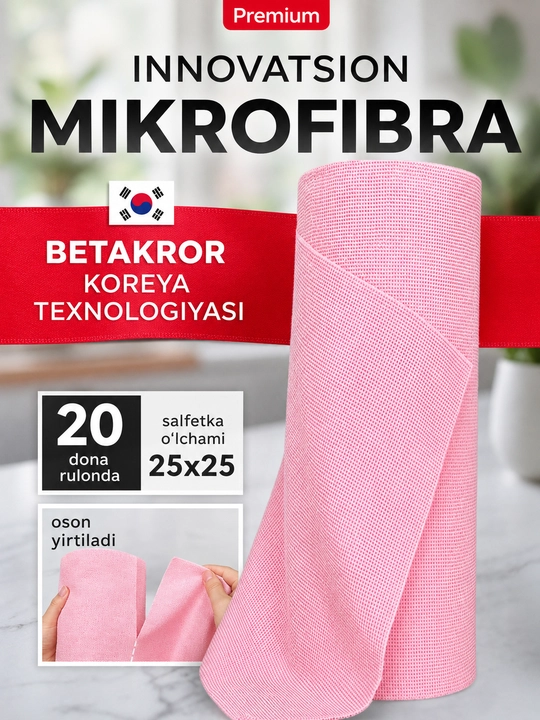 Салфетки из микрофибры в рулоне 20 штук, тряпки для уборки безворсовые, Корейская технология