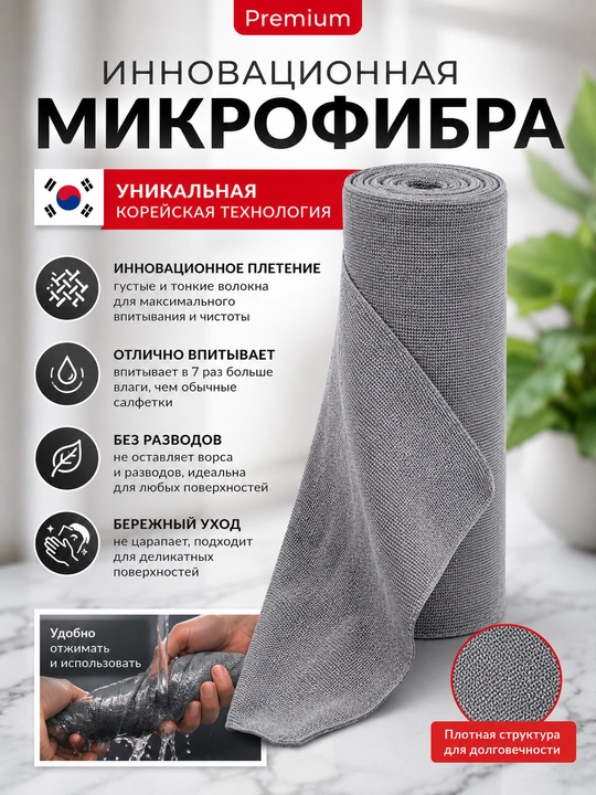 Салфетки из микрофибры в рулоне 20 штук, тряпки для уборки безворсовые, Корейская технология