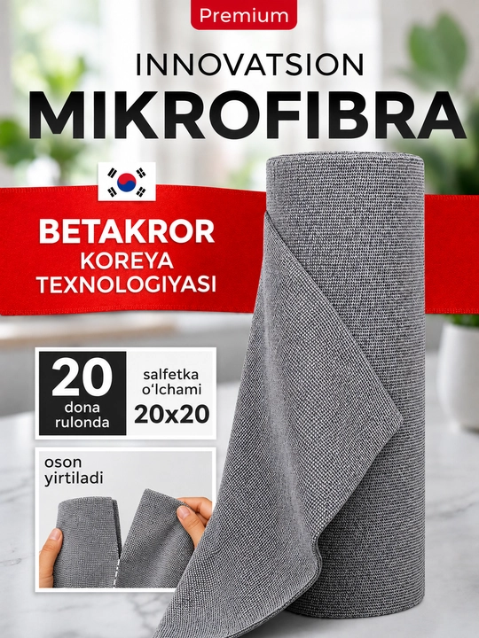 Салфетки из микрофибры в рулоне 20 штук, тряпки для уборки безворсовые, Корейская технология - 