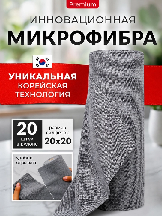 Салфетки из микрофибры в рулоне 20 штук, тряпки для уборки безворсовые, Корейская технология