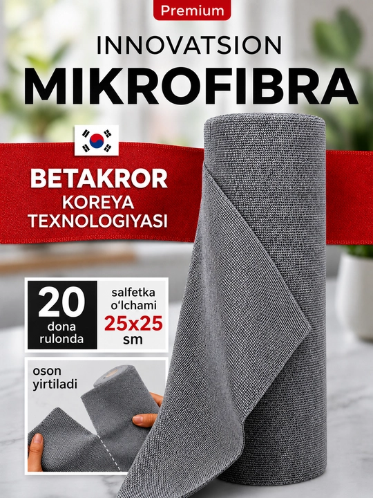 Салфетки из микрофибры в рулоне 20 штук, тряпки для уборки безворсовые, Корейская технология