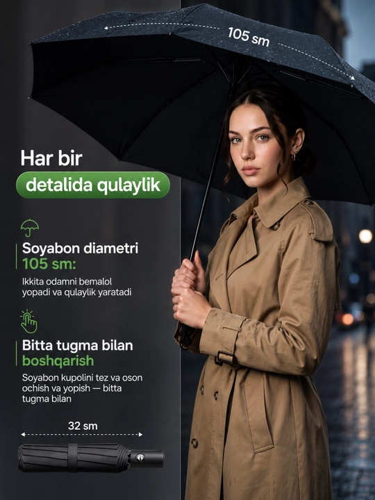 Avtomatik soyabon, buklanadigan, ayollar va erkaklar uchun, SPF 50+, shamolga chidamli
