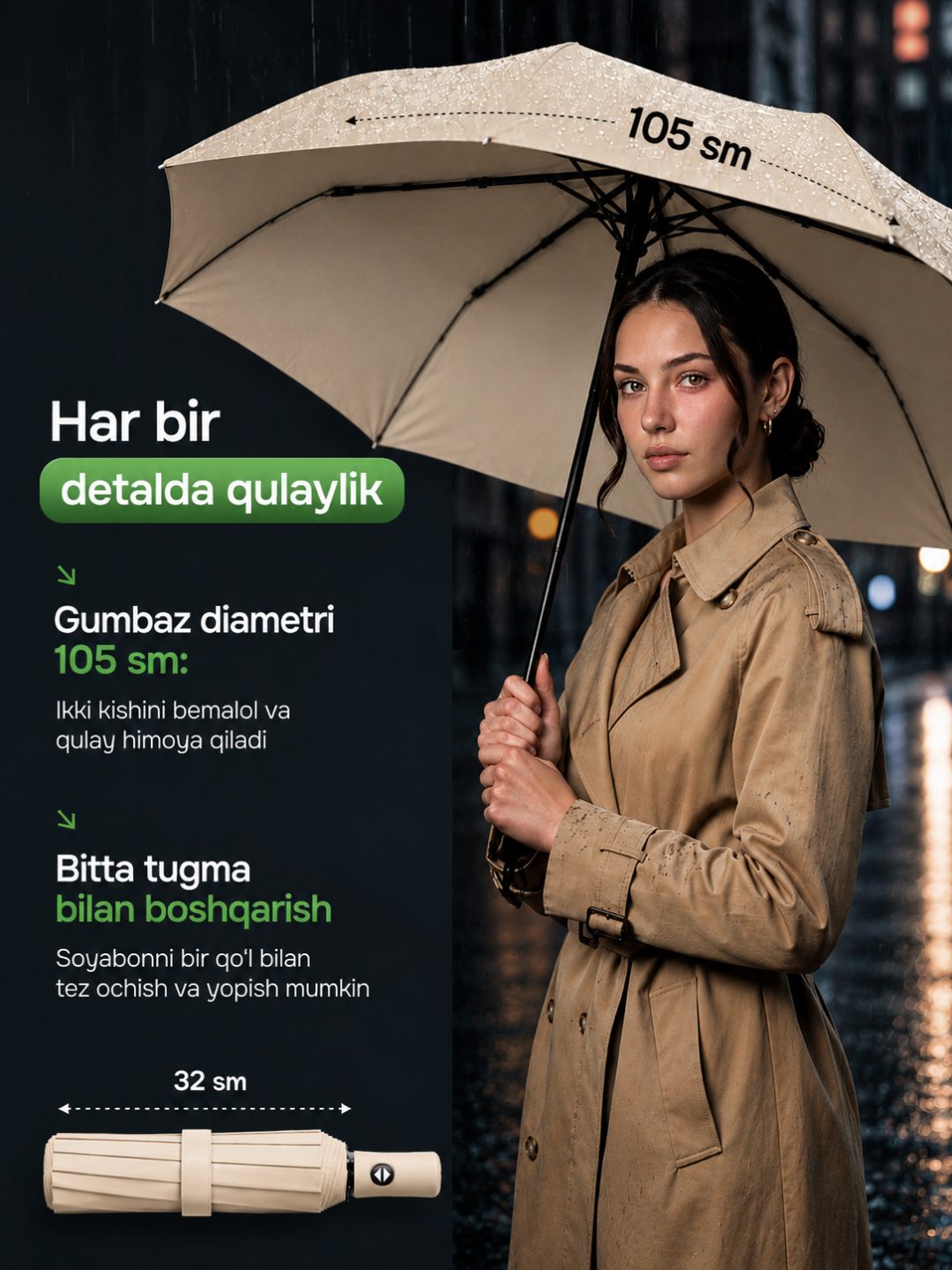 Avtomatik soyabon, buklanadigan, ayollar va erkaklar uchun, SPF 50+, shamolga chidamli