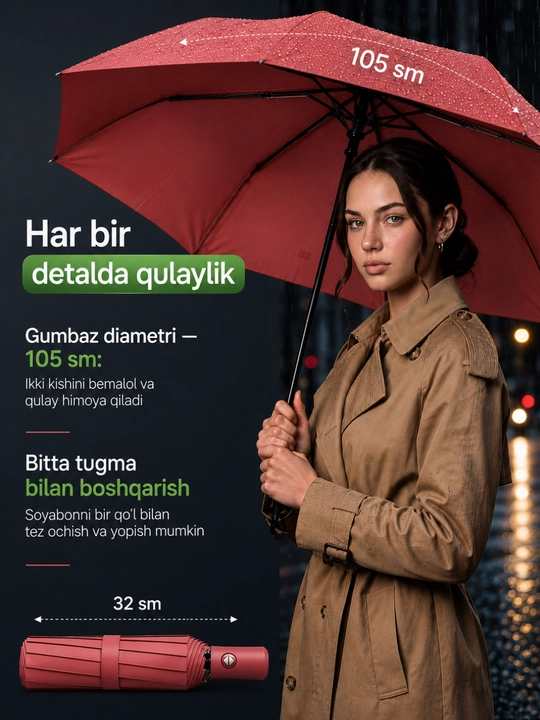 Avtomatik soyabon, buklanadigan, ayollar va erkaklar uchun, SPF 50+, shamolga chidamli