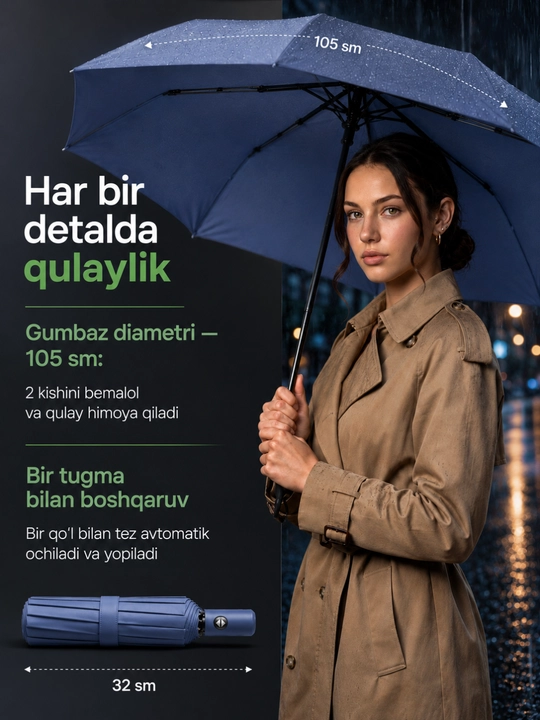 Avtomatik soyabon, buklanadigan, ayollar va erkaklar uchun, SPF 50+, shamolga chidamli
