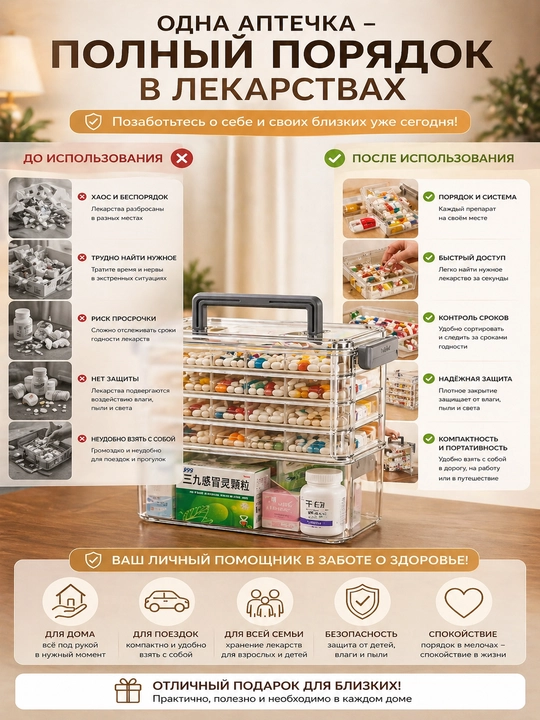Bo‘linmali tabletkalar va dorilar uchun organayzer, sayohat uchun aptechka 