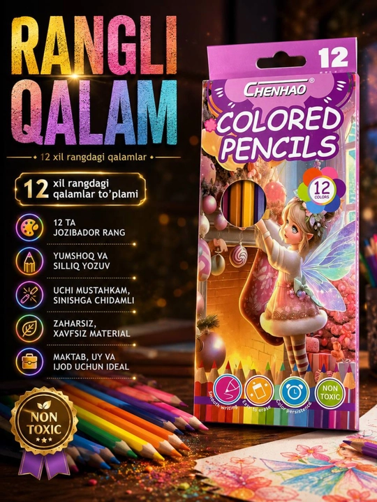Rangli qalamlar, 12 xil rangda, rasm chizish uchun