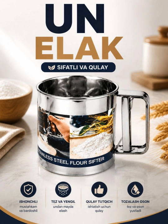 Un elagi zanglamaydigan po'lat, qo'lda un elash uchun oshxona elagi - 