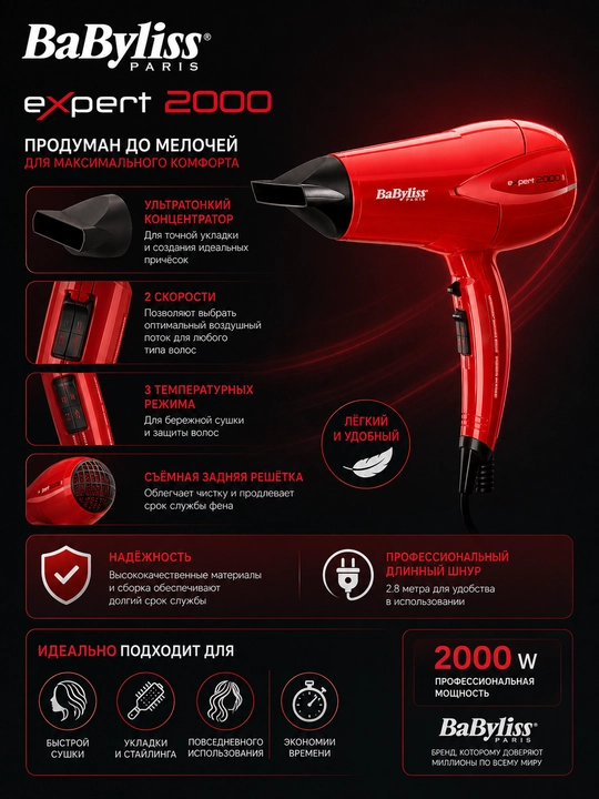 BaByliss Expert 2000 uy sharoitida professional soch quritgich feni