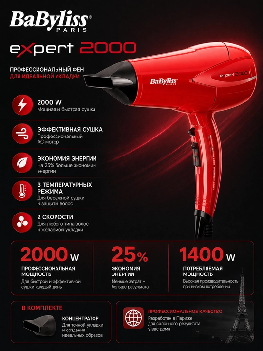 Фен BaByliss Expert 2000 профессиональный для укладки и сушки волос - 