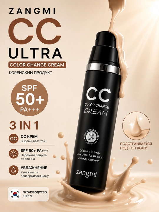 CC-крем ZANGMI Color Change Cream SPF50+ PA+++, адаптирующийся под тон кожи