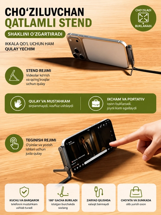 Type-C / USB → Type-C 240W telefon quvvatlash kabeli, buklanadigan telefon tagligi bilan
