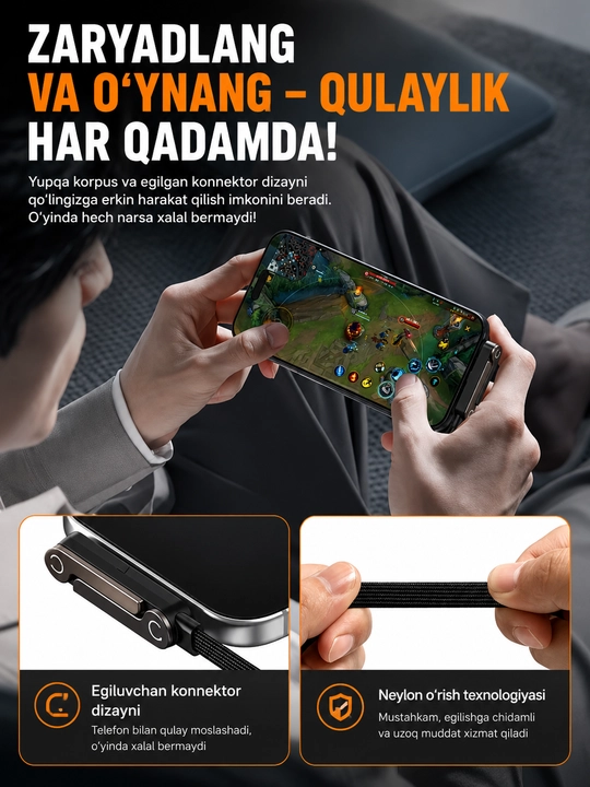 Type-C / USB → Type-C 240W telefon quvvatlash kabeli, buklanadigan telefon tagligi bilan