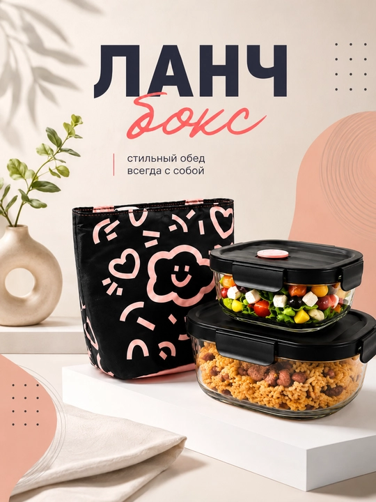 Ланч-бокс с термосумкой, набор для обеда, 2 стеклянных контейнера, герметичные крышки - 
