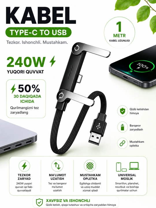 Type-C / USB → Type-C 240W telefon quvvatlash kabeli, buklanadigan telefon tagligi bilan