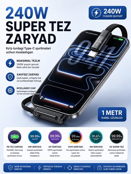 Type-C / USB → Type-C 240W telefon quvvatlash kabeli, buklanadigan telefon tagligi bilan