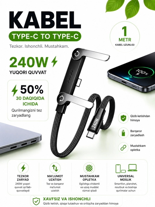 Type-C / USB → Type-C 240W telefon quvvatlash kabeli, buklanadigan telefon tagligi bilan