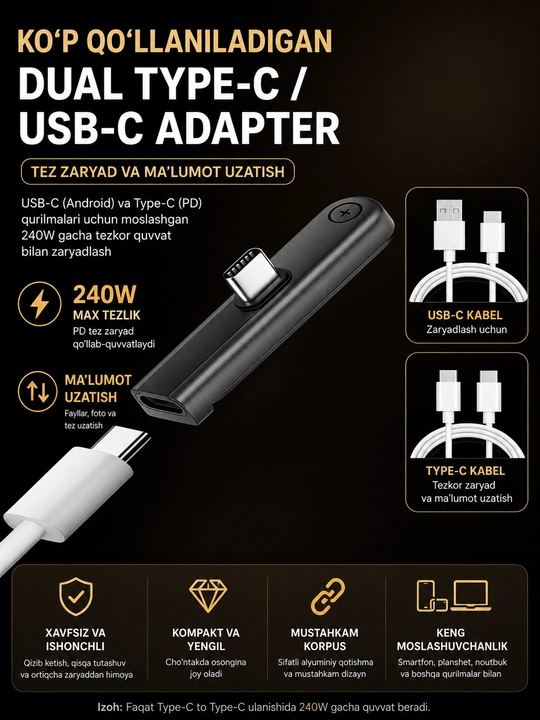 Type-C / USB → Type-C 240W telefon quvvatlash kabeli, buklanadigan telefon tagligi bilan