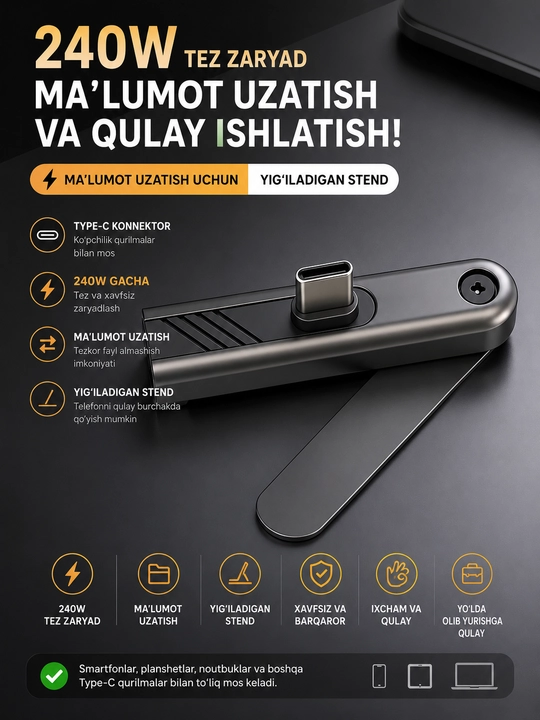 Type-C / USB → Type-C 240W telefon quvvatlash kabeli, buklanadigan telefon tagligi bilan