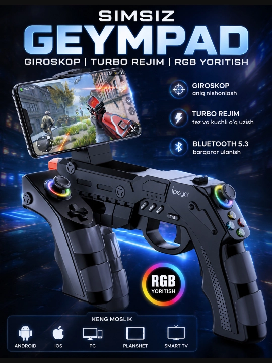 Simsiz geympad, giroskop joystik, TURBO rejim, Android iOS va PC universal kontroller - 