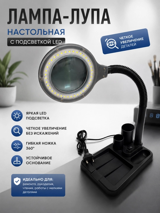 Stol lupa LED yoritgichi bilan, 90 mm – ta'mirlash va lehimlash ishlari uchun - 
