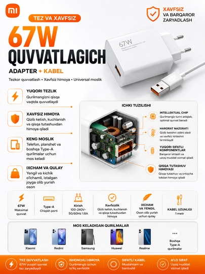 Samsung va Xiaomi Redmi uchun tezkor quvvatlash qurilmasi 67 Vt va 33 Vt Type-C kabeli