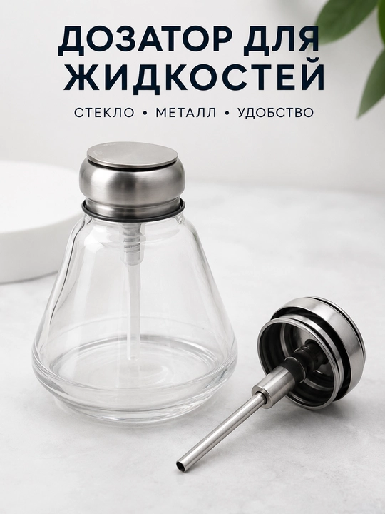 Стеклянный дозатор для жидкостей с крышкой из нержавеющей стали - 