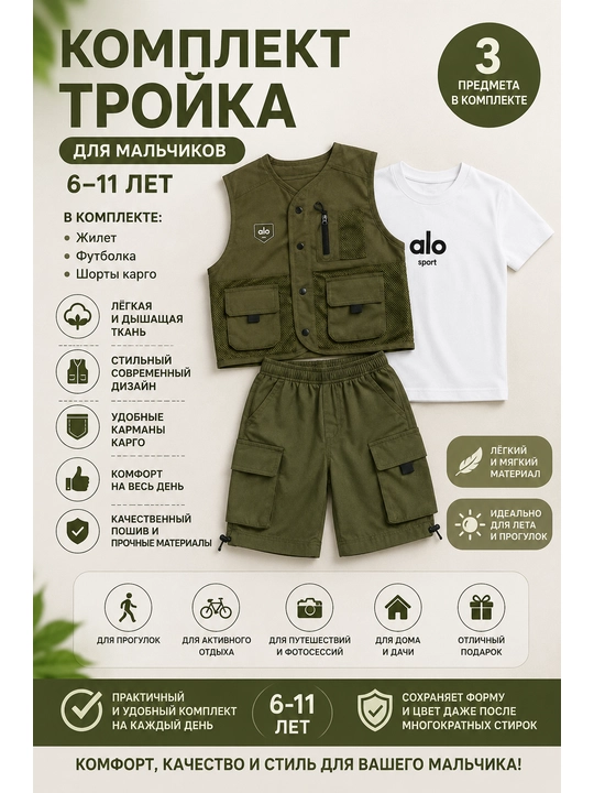 Одежда для мальчиков, летний комплект-тройка, футболка, жилет и шорты карго 6–11 лет