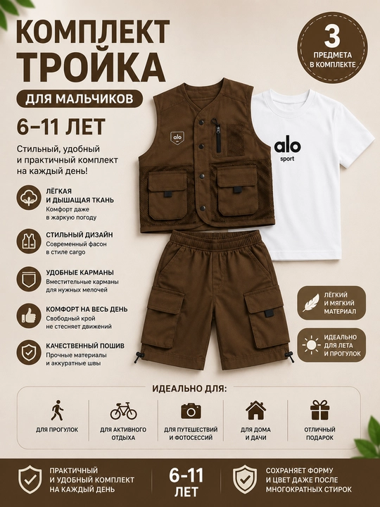 Одежда для мальчиков, летний комплект-тройка, футболка, жилет и шорты карго 6–11 лет