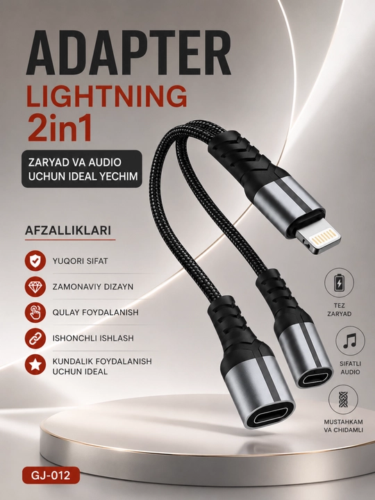 Lightning 2-in-1 audio va zaryadlash adapteri – musiqa tinglash va tezkor quvvatlash - 