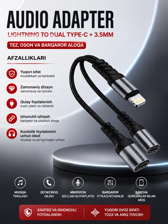 Lightning 2-in-1 audio va zaryadlash adapteri – musiqa tinglash va tezkor quvvatlash - 