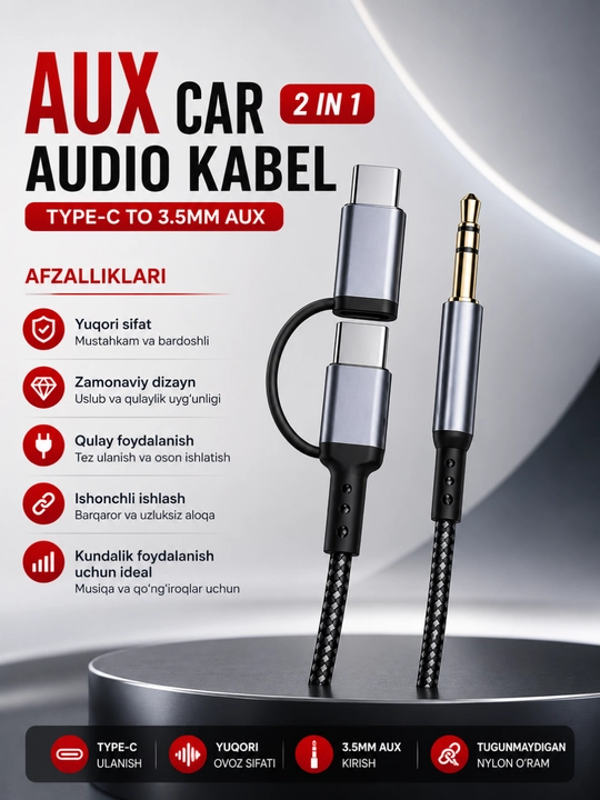 Hi-Fi ovozli va ishonchli ulanish imkoniyatiga ega avtomobil uchun 3,5 mm li AUX kabeli - Type-C 2 ta 1 da - 