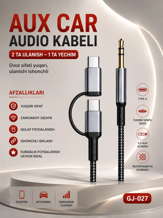 Hi-Fiovozlivaishonchliulanishimkoniyatigaegaavtomobiluchun3,5mmli AUX kabeli-Type-C 2ta1da - 