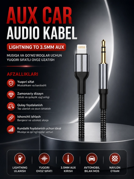 Lightning to 3.5 mm AUX Audio Kabeli iPhone uchun Avtomobil Audio Ulanish Kabeli - 