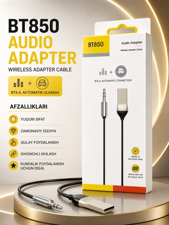 Avtomobil va uy audio tizimi uchun BT850 Bluetooth AUX 3.5 mm audio adapteri - 