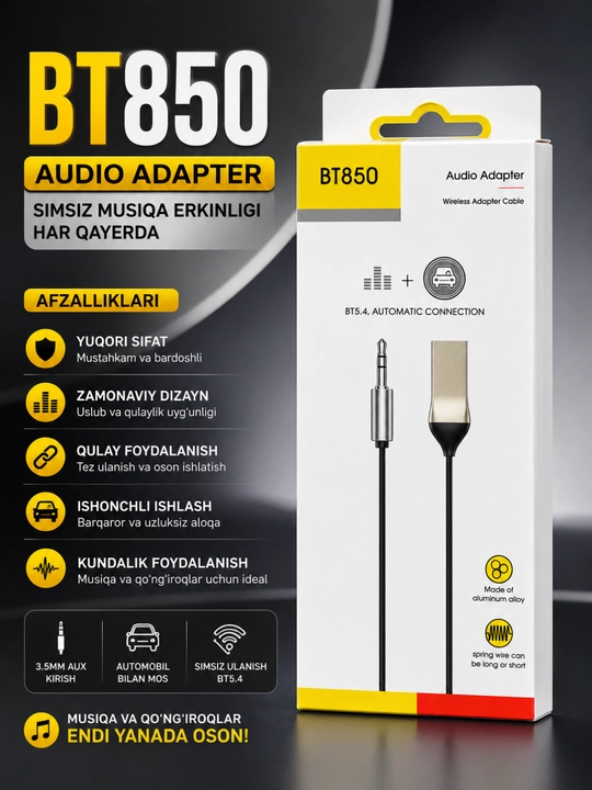 Avtomobil va uy audio tizimi uchun BT850 Bluetooth AUX 3.5 mm audio adapteri - 