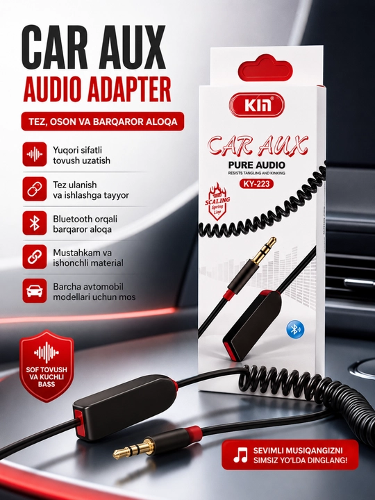 Avtomobil uchun 3,5 mm li Bluetooth AUX audio adapteri - tiniq ovoz va barqaror aloqa - 
