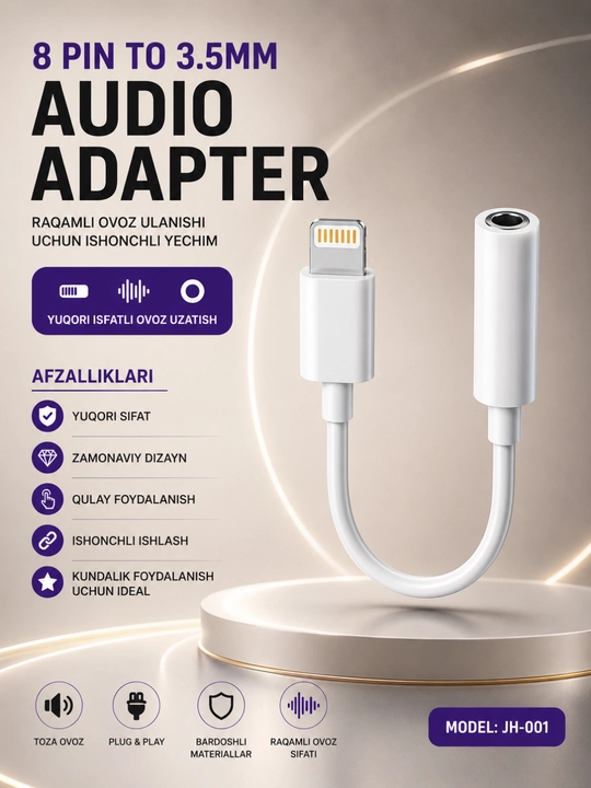 IPhone 8 Pin dan 3.5 mm Audio Adapteri – Tiniq Ovoz va Barqaror Ulanish Kabeli - 