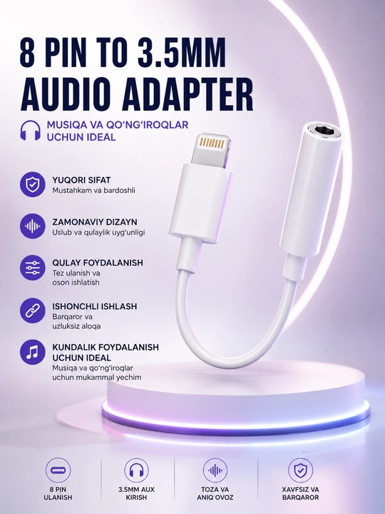 IPhone 8 Pin dan 3.5 mm Audio Adapteri – Tiniq Ovoz va Barqaror Ulanish Kabeli - 