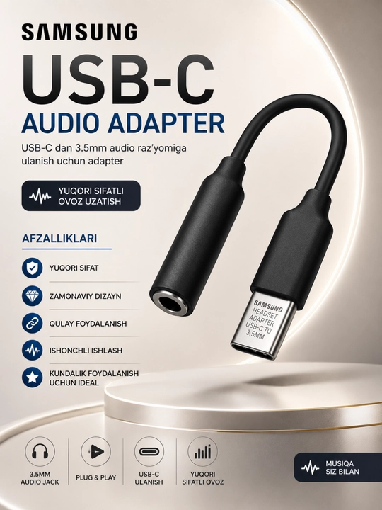 Samsung USB Type-C dan 3.5mm Audio Adapteri – Hi-Fi Ovoz va Barqaror Ulanish - 