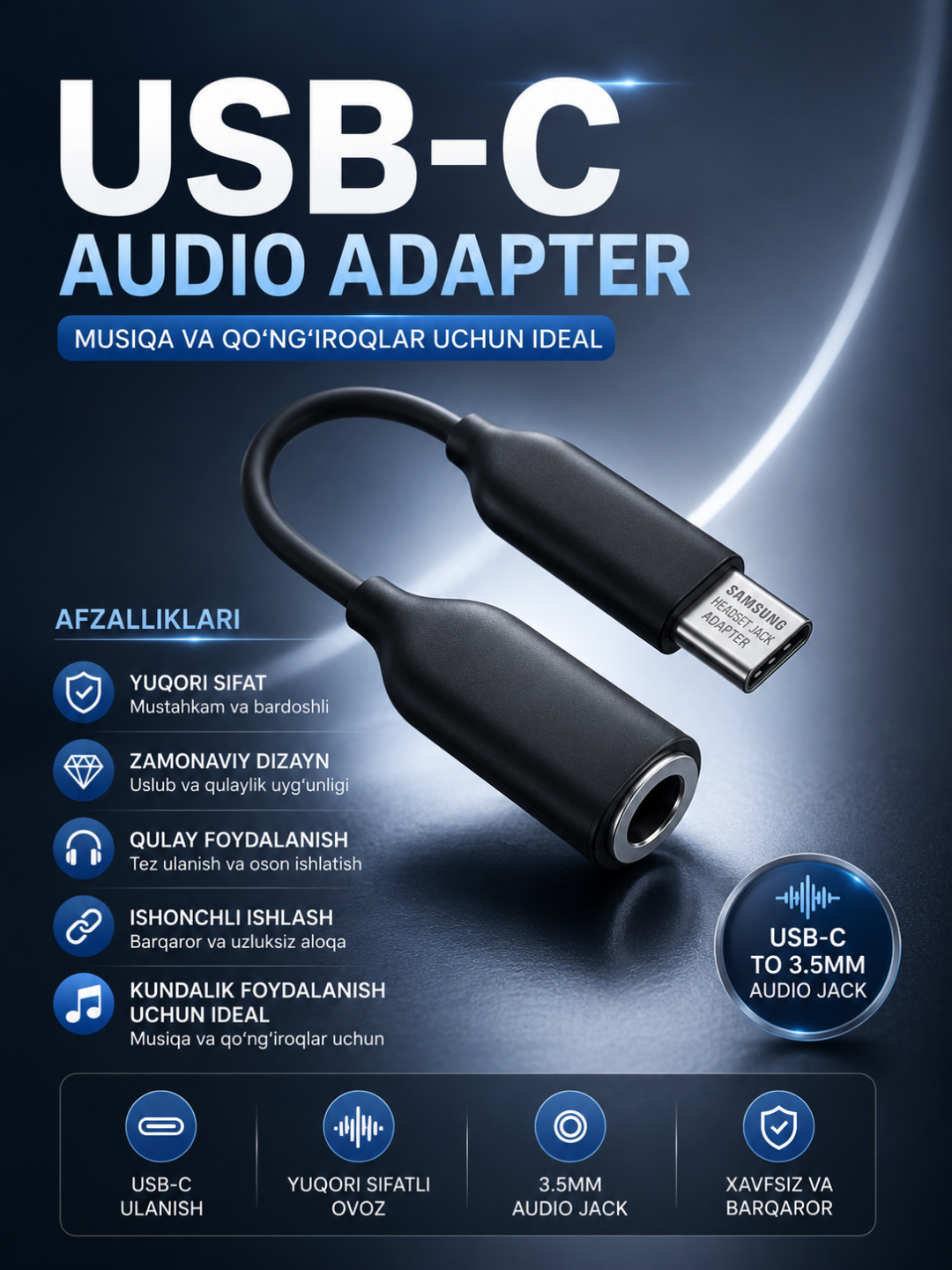 Samsung USB Type-C dan 3.5mm Audio Adapteri – Hi-Fi Ovoz va Barqaror Ulanish - 