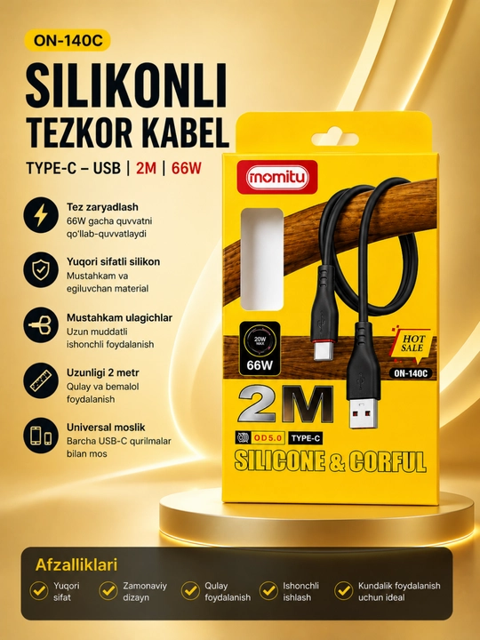 2 metrlik USB Type-C 66W silikon kabeli — tez quvvatlanadi va barqaror ma’lumot uzatadi - 