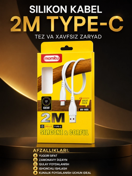 2 metrlik USB Type-C 66W silikon kabeli — tez quvvatlanadi va barqaror ma’lumot uzatadi - 
