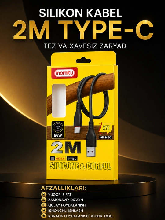 2 metrlik USB Type-C 66W silikon kabeli — tez quvvatlanadi va barqaror ma’lumot uzatadi - 
