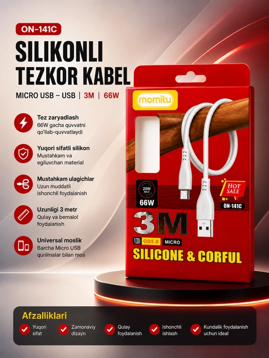 Inomitu Micro USB kabel 66W 3 metr -tez quvvatlash va ma’lumot uzatish uchun silikon kabel - 