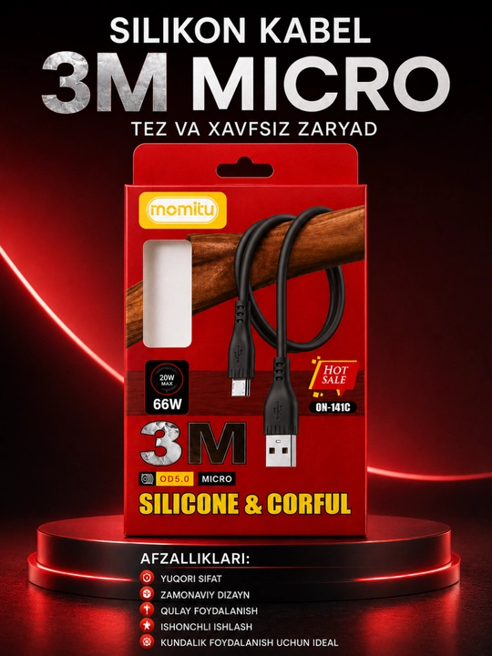 Inomitu Micro USB kabel 66W 3 metr -tez quvvatlash va ma’lumot uzatish uchun silikon kabel - 