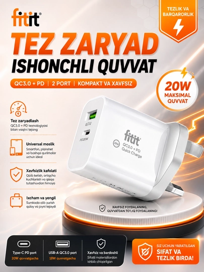 Apple, Samsung tez quvvatlash, 20Vt/45Vt/65Vt, 25 daqiqada 50% quvvatlash - FITIT
