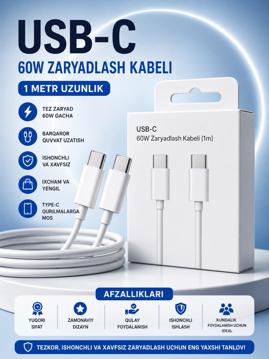 USB-C 60W tezkor zaryadlovchi kabel (1 metr) - 