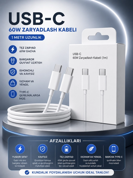 USB-C 60W tezkor zaryadlovchi kabel (1 metr) - 